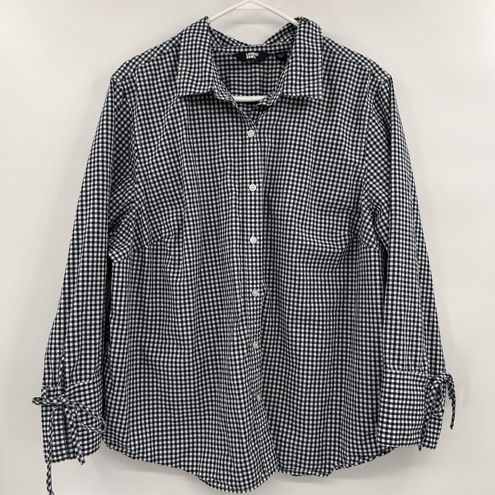 Lands End Womens Gingham Check Button Up Top Size 2X Blue Country Cottagecore‎